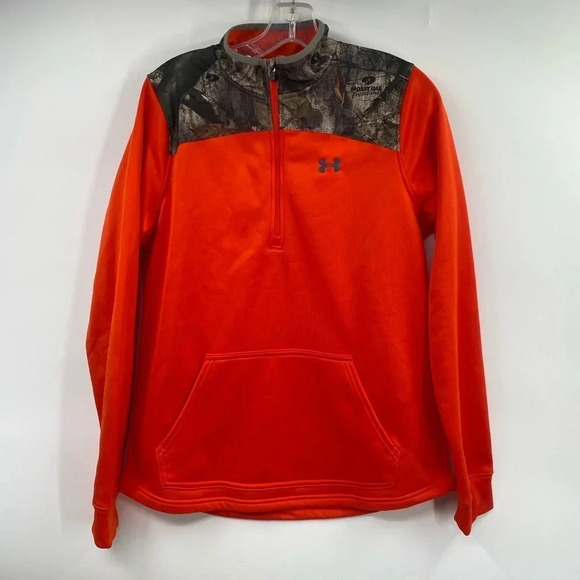 Under Armour Mossy Oak Camo Hoodie Sweatshirt 1/2 Zip Mens Sz M Orange Hunting - Picture 1 of 6